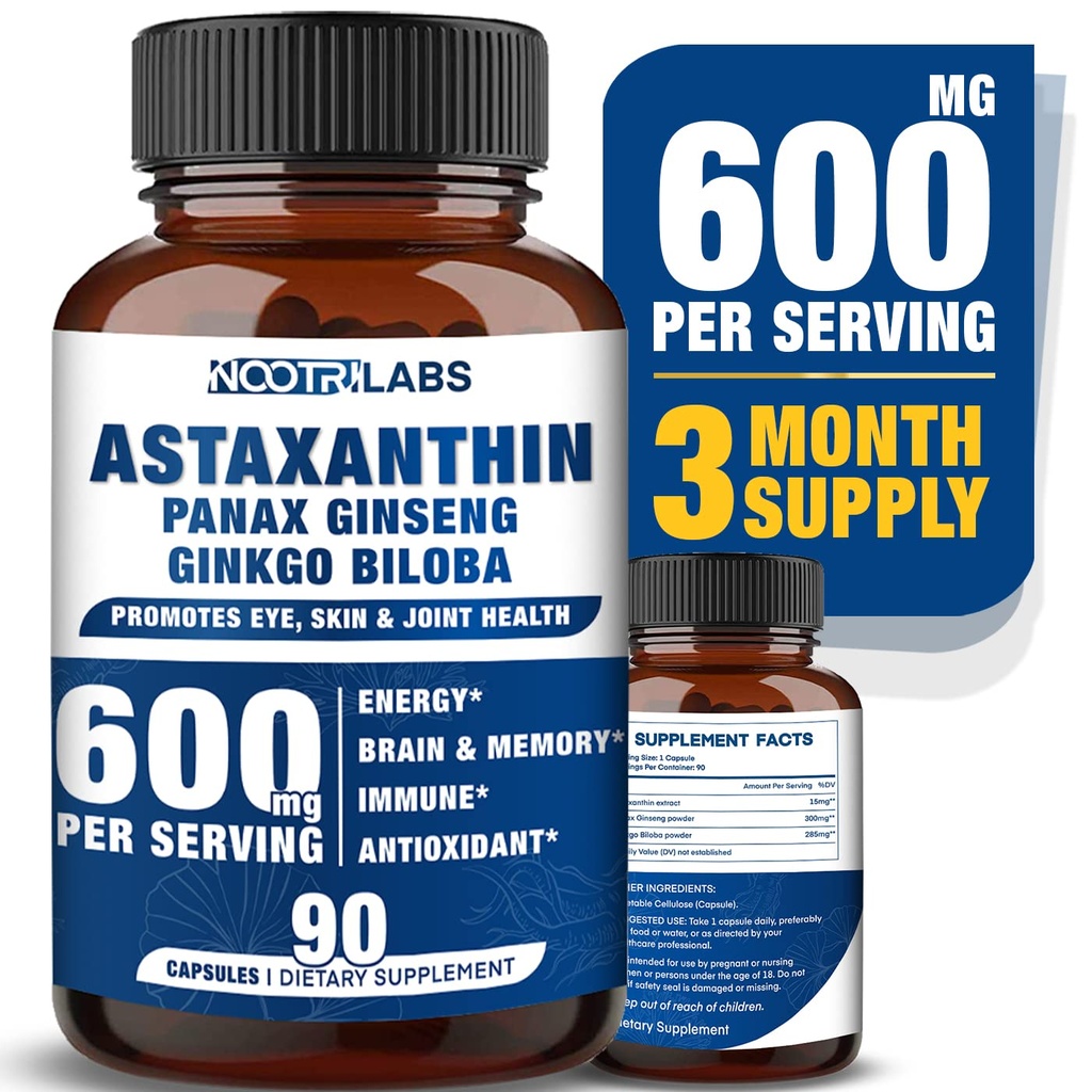 Astaksantin 15 mg + Panax Ginseng, Ginkgo Biloba dopolnila, 90 Veganske kapsule, spodbuja zdravje oči energijo, kardiovaskularna podpora + Imunska obramba in fokus