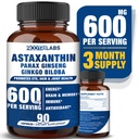 Astaksantin 15 mg + Panax Ginseng, Ginkgo Biloba dopolnila, 90 Veganske kapsule, spodbuja zdravje oči energijo, kardiovaskularna podpora + Imunska obramba in fokus