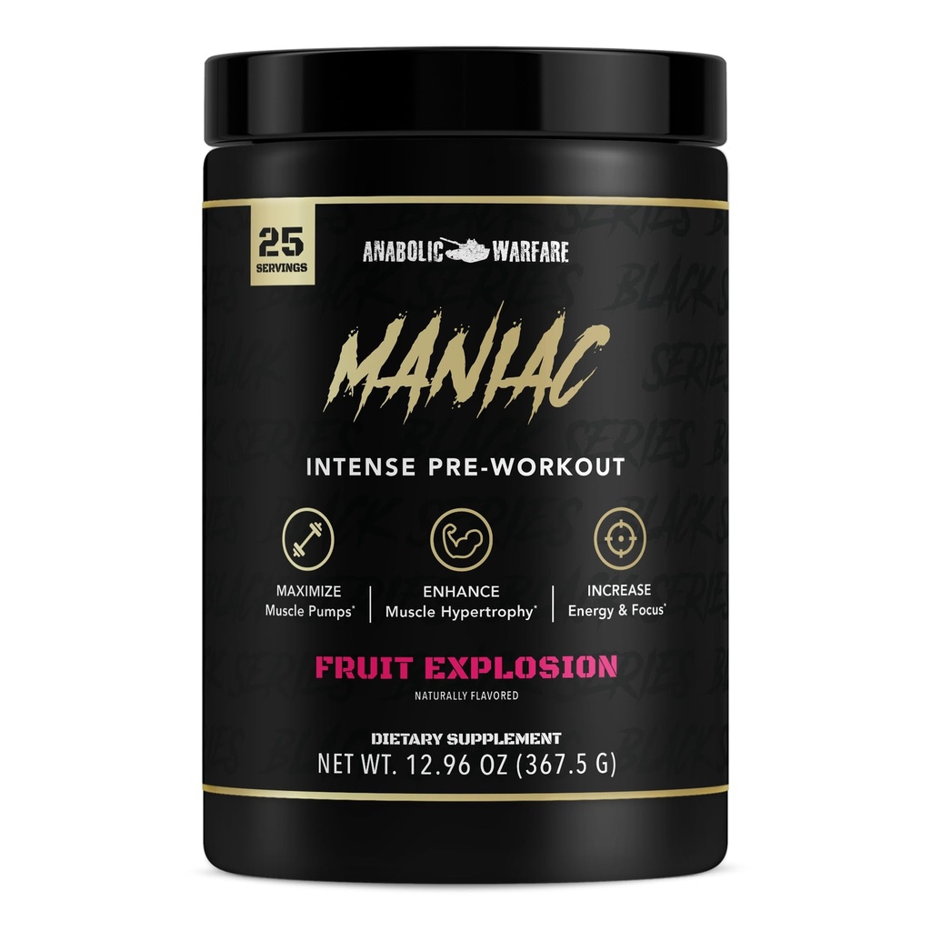 Anabolična vojna črna serija manijak, predworkout prašek, podpira dušikov oksid, mišične črpalke in sinteze beljakovin * Eksplozija sadja