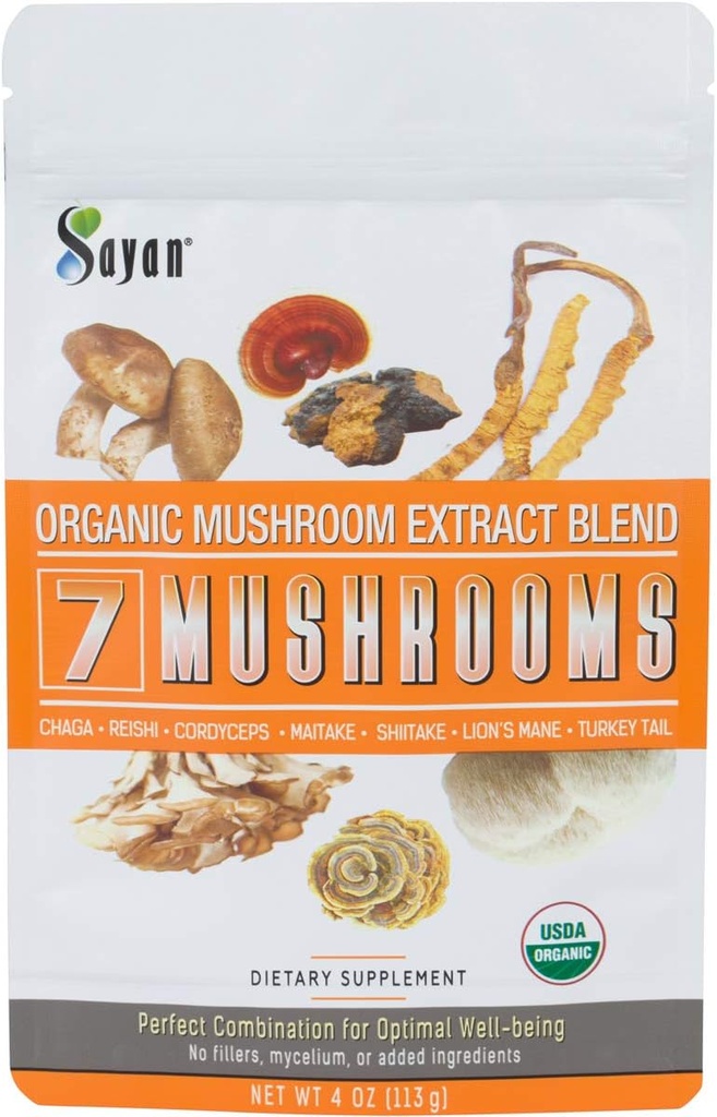 Sayan 7 gob USDA Organski ekstrakt v prahu mešanica dodatek 4 oz / 113g - Chaga, Reishi, Cordyceps, Maitake, Shiitake, Levja griva in Turčija rep, brez polnil, Dodaj v kavo ali čaj, Sadje telo