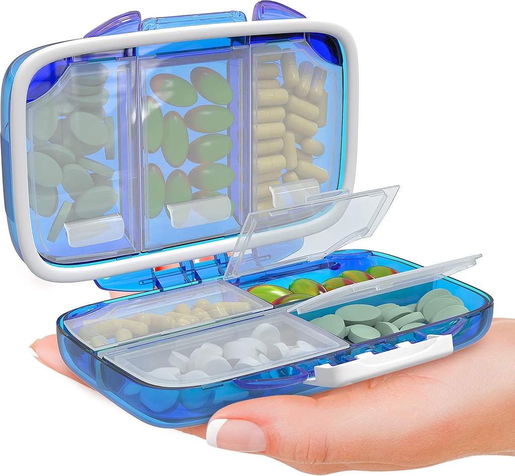 Potovalne tablete Organizator - Vlažen dokaz Prenosljiv Vitamin imetnik s 7 predelki, Kompakten dopolnilo Primer za Purse Essential Medicine Kit fot Potovanja Pocket Lekarna z nalepkami, modra