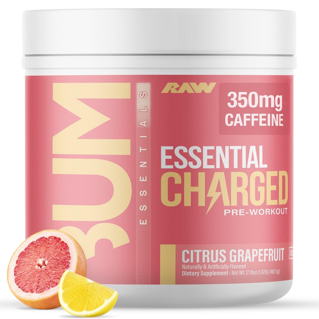 RAW predworkout prašek, Essential CHARGED (Citrus Grenivke) - Preworkout dodatek za moške, ženske - podpira fokus, Mood, Performance - Kofein, Alpha-GPC, L-Citrulin, Beta Alanine (25 strežb)