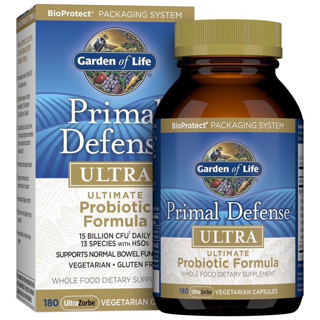 Vrt življenja Probiotiki za digestivno zdravje in ravnotežje Gut, Primal Defense Ultra Ultra Ultimate Formula, 15 milijard CFU in 13 sevov Plus HSO, vegetarijansko in gluten brezplačno, 180 kapsul