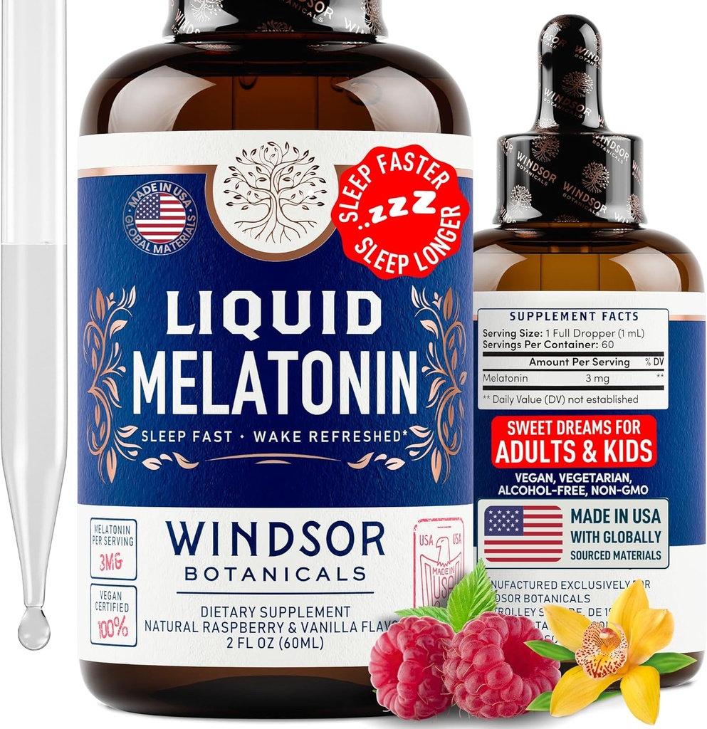 Tekoči melatonin za odrasle in otroke 6 let gor - 3mg Melatoninske kapljice Dodatna moč Liquid Sleep Aid - hitra absorbcija, malina Vanilla Flavor Melatonina - 2oz, 2-mesečna dobava, Made in USA