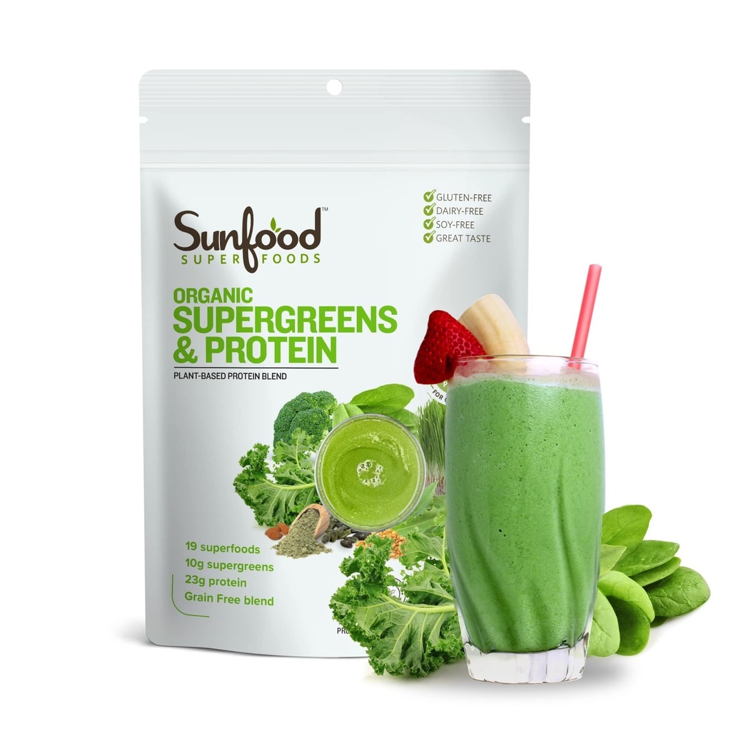 Sunfood Organic Supergreens & Protein - Greens Superfood Powder, Organic Protein Powder, Rastlinski Vegan Protein, Super Greens for Gut Health w/Chlorella & Spirulina, 23g Protein Per Serving - 8 oz