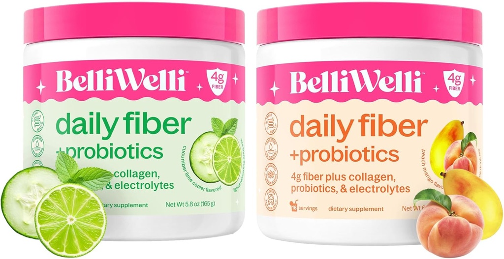 Dnevno Fiber dopolnilo s kolagenom, probiotiki, Elektroliti in hidracija podpora - Cucumber limete Mint & Peach Mango arome - Spodbuja prebavne, zdravje kože, Gut Balance - 32 Strežnice