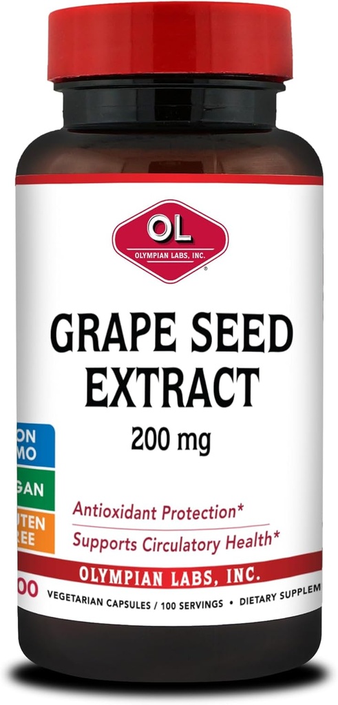 Olympian Labs Izvleček grozdnih semen Kapsule - 200 mg - 100 Zelenjavne Kapsule podpirajo zdravje srca, zaščito proti oksidantom.