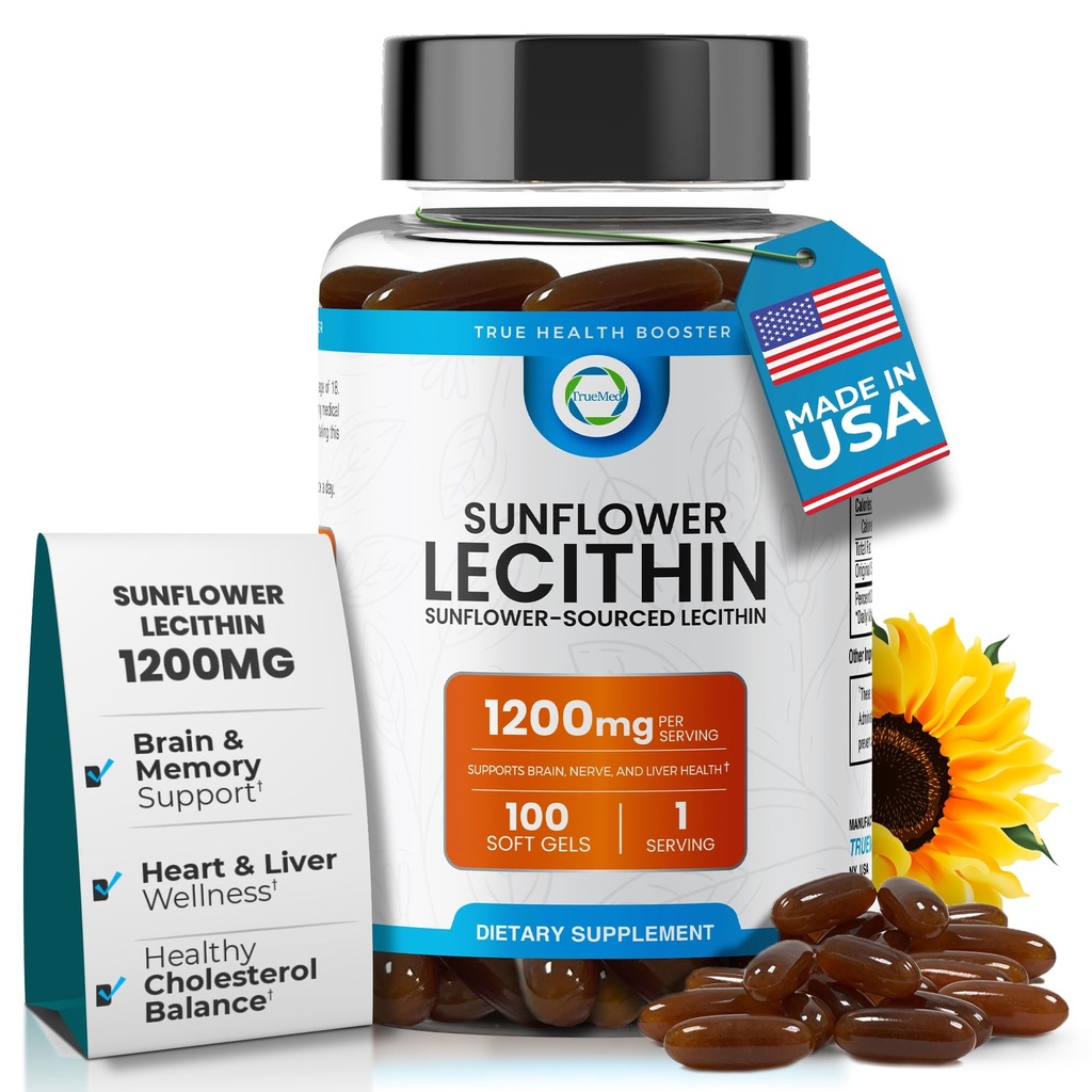Sončnična lecitin 1200 MG 100 softgels, 100-dnevna dobava Zajamčena čista, ne-GMO, soja-free, podpira možgane, srce, živec, zdravje jeter, kognitivna funkcija, Zdrav holesterol, Visoka absorpcijska formula