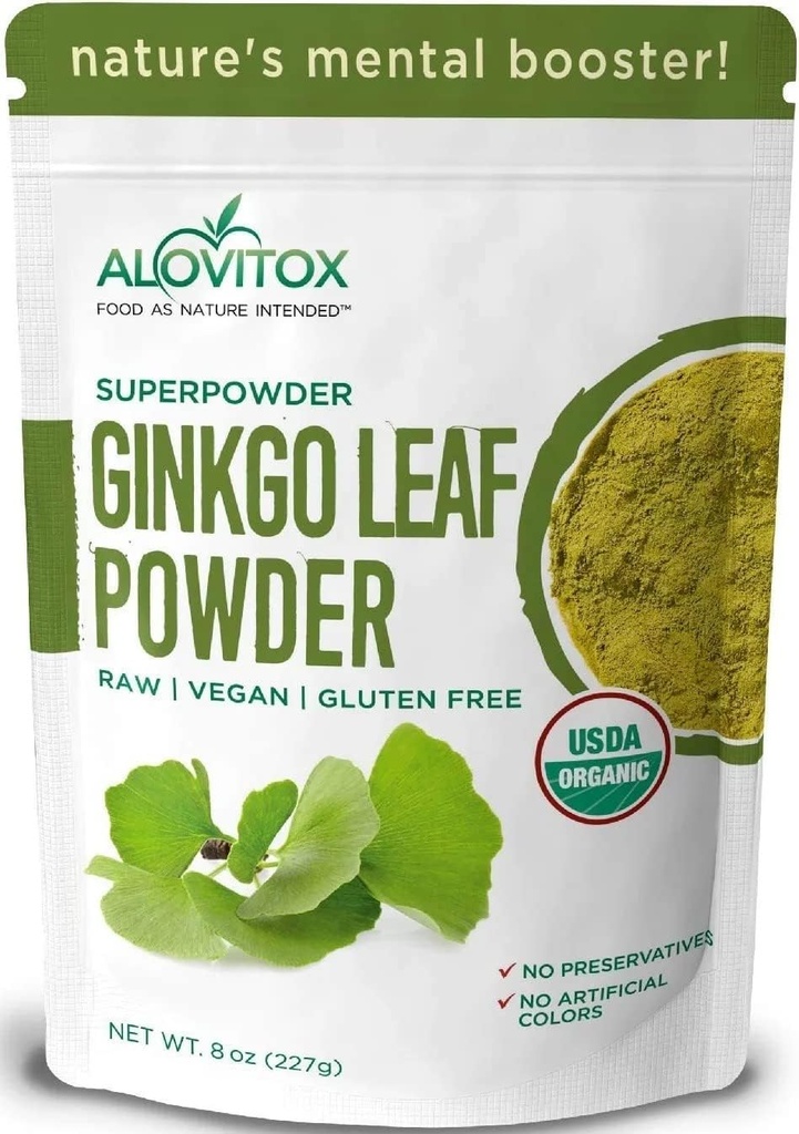 Ginkgo Biloba Leaf Powder 8oz - Ginkgo Biloba Tea Podpira zdravo staranje, Spomin, Fokus, Mood & Koncentracija - 100% Natural Ginko Leaf Extract, Vegan, Non GSO & Certified Organic Ginkgo Leaf Powder