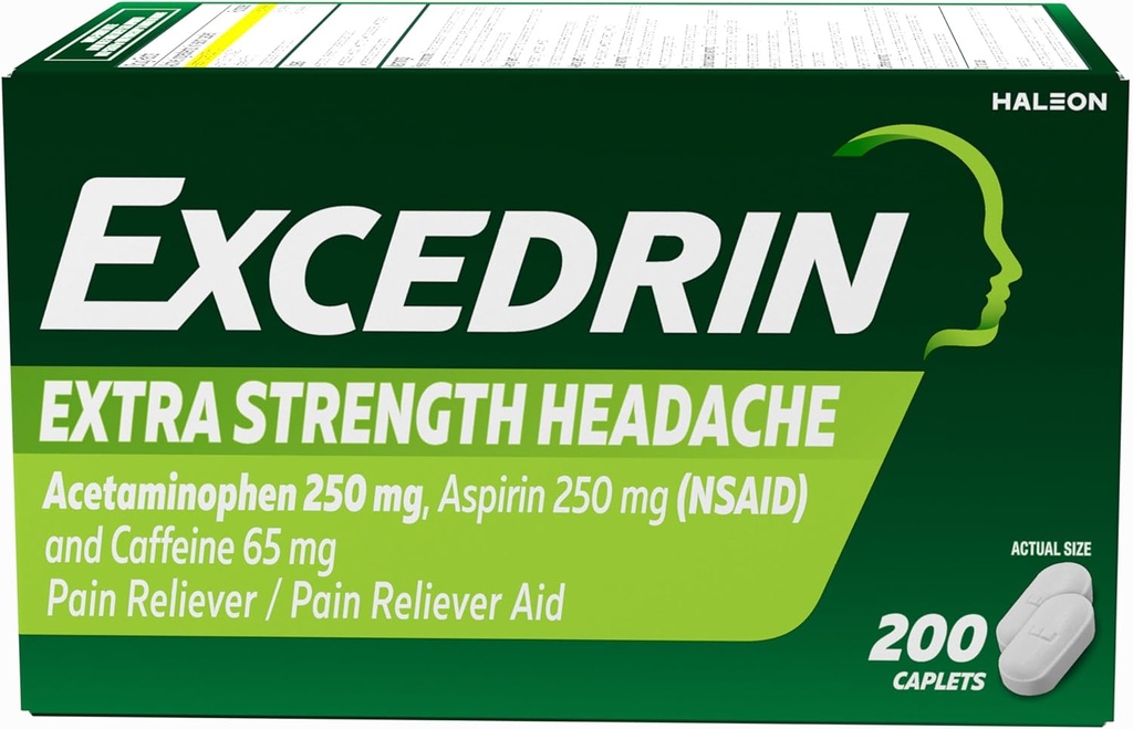 Excedrin Dodatna moč bolečina Relief Caplets za glavobol Relief, Acetamofen 250mg, Aspirin 250mg, Kofein 65mg, Pain Reliever, 200 Število