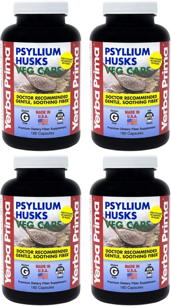 Yerba Prima Psyllium Husks Veg Caps - 180 Count (Pack of 4) - Vegan, Non-GMO, Gluten Free, Colon Cleanser, Daily Fiber dodatek za Gut zdravje & Rednost