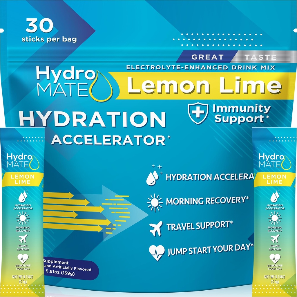 HydroMATE elektrolit v prahu limona limete Hydration Packets nizko sladkor 30 Število