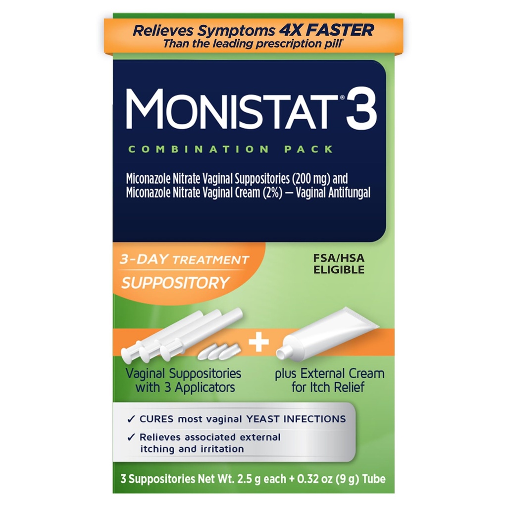 Zdravljenje okužbe z bakterijo Monistat 3-dnevno zdravljenje okužbe z bakterijo Yeast za ženske, 3 Mikonazol Vaginalne hranilnice in zunanja krema proti srbenju (9g tube) Combo pakiranje