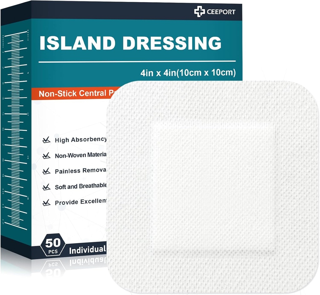 Otok oblačenje 4"x4", 50 individualno pakirani meji Gaze Pads, 2"x2" Non-Stick Pad v središču z adhezivno mejo, visoko Absorbent Non-Woven medicinske stopnje Bandages za rane, Prva pomoč