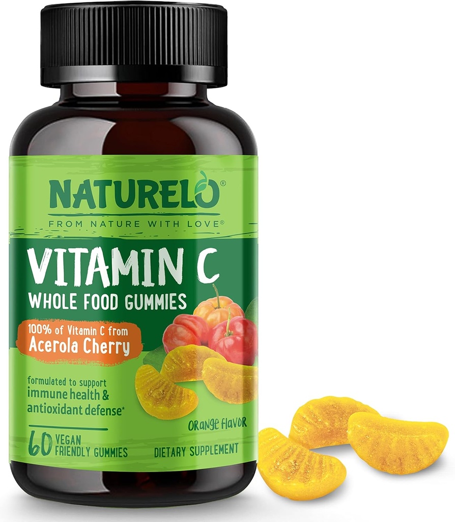 NATURELO Cela hrana Vitamin C Gumies, Vitamin C iz Acerola Cherry, Rastlinsko-bazen dodatek, 60 Vegansko-prijateljske Gumies