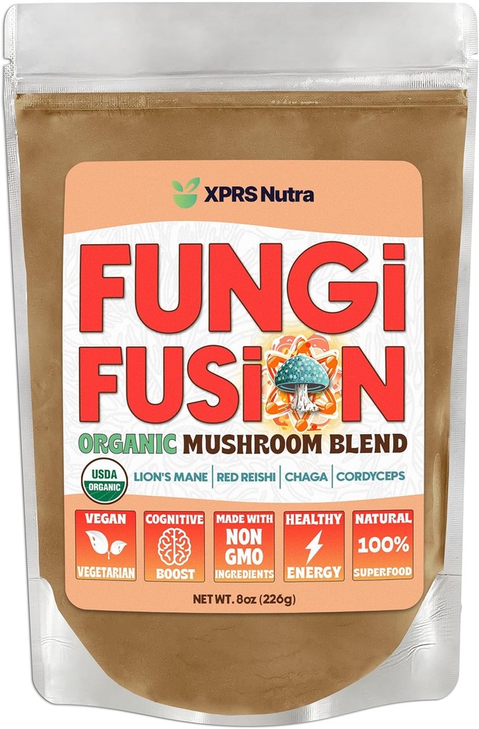 XPRS Nutra Fungi Fusion Ekološka goba v prahu mešanica, Premium mešanica levje grive, Reishi, Chaga, Cordyceps za mentalno jasnost, kognicijo, energijo in imuniteto - 8 Ounce