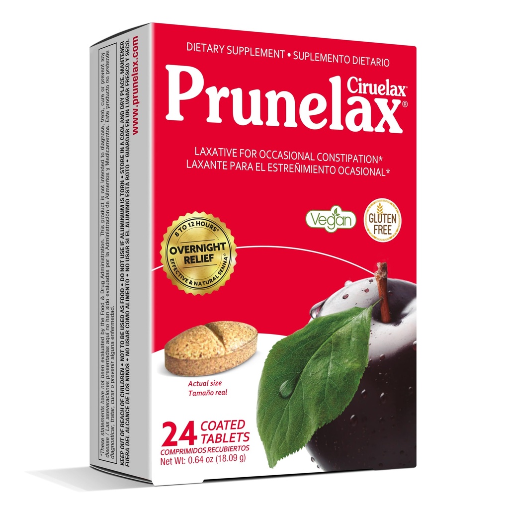 Prunelax Ciruelax Redna moč Laksativne tablete - čez noč Relief za občasno zaprtje, izvleček Senna, Vegan & Gluten-free, hitro delujoča Nežna olajšava - 24ct