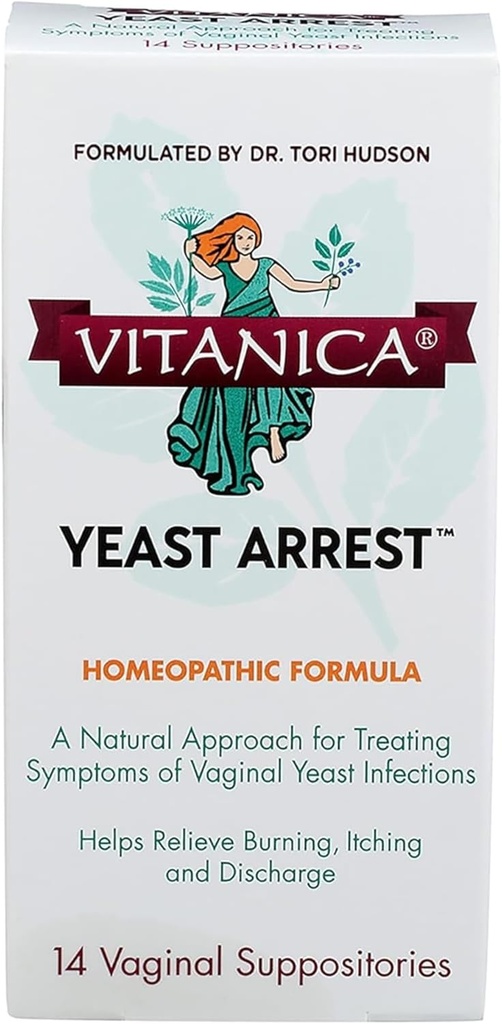 Vitanica Yeast Arease, Homeopatske vaginalne supozitorije, za simptome okužbe z Yeast, Olajša opekline, Srbenje in razelektritev, z borovo kislino, Tea Tree Oil & Probiotics, Vegan (Aretiranje z vrha, 14)