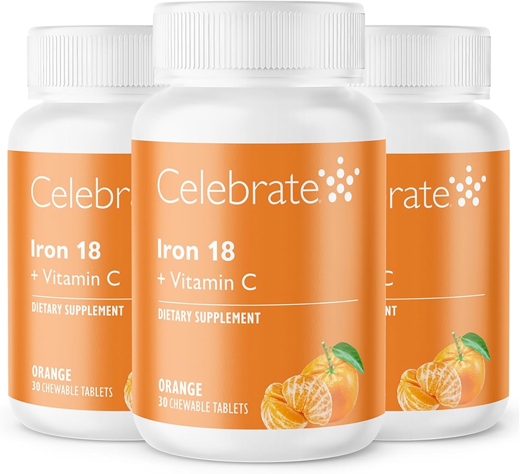 Praznovati vitamini železa dodatek z vitaminom C - 18mg železa, 36mg vitamina C, bariatrični vitamini za bolnike WLS, vertikalni rokavi in želodčni obvod kirurgija – tangerin, 90 žvečljive tablete