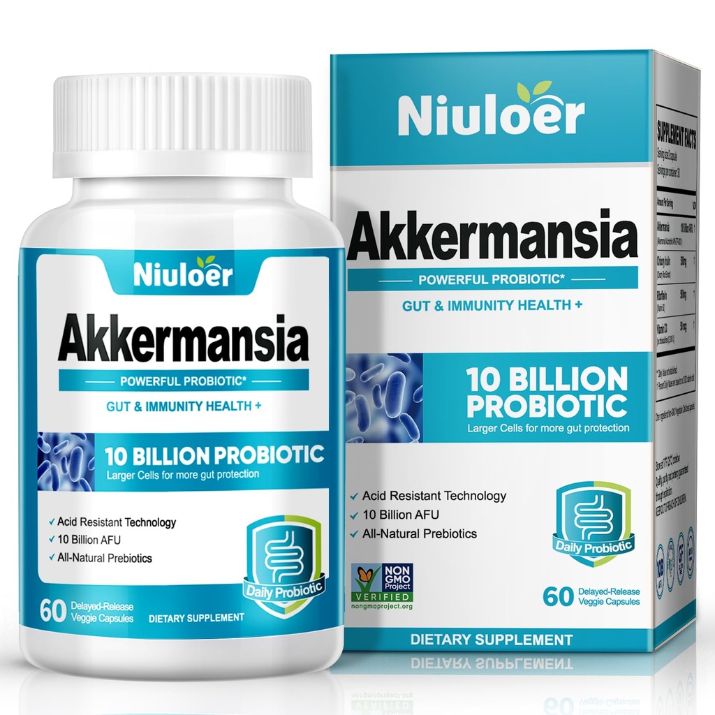 Akkermansia probiotik, GLP-1 probiotiki za ženske in moške - 10 milijard AFUs + organski prebiotiki, pregestiv, črevesje, imunsko in splošno zdravje, izboljša funkcijo prebavnih vezi (60 kapsul, 1-Pack)