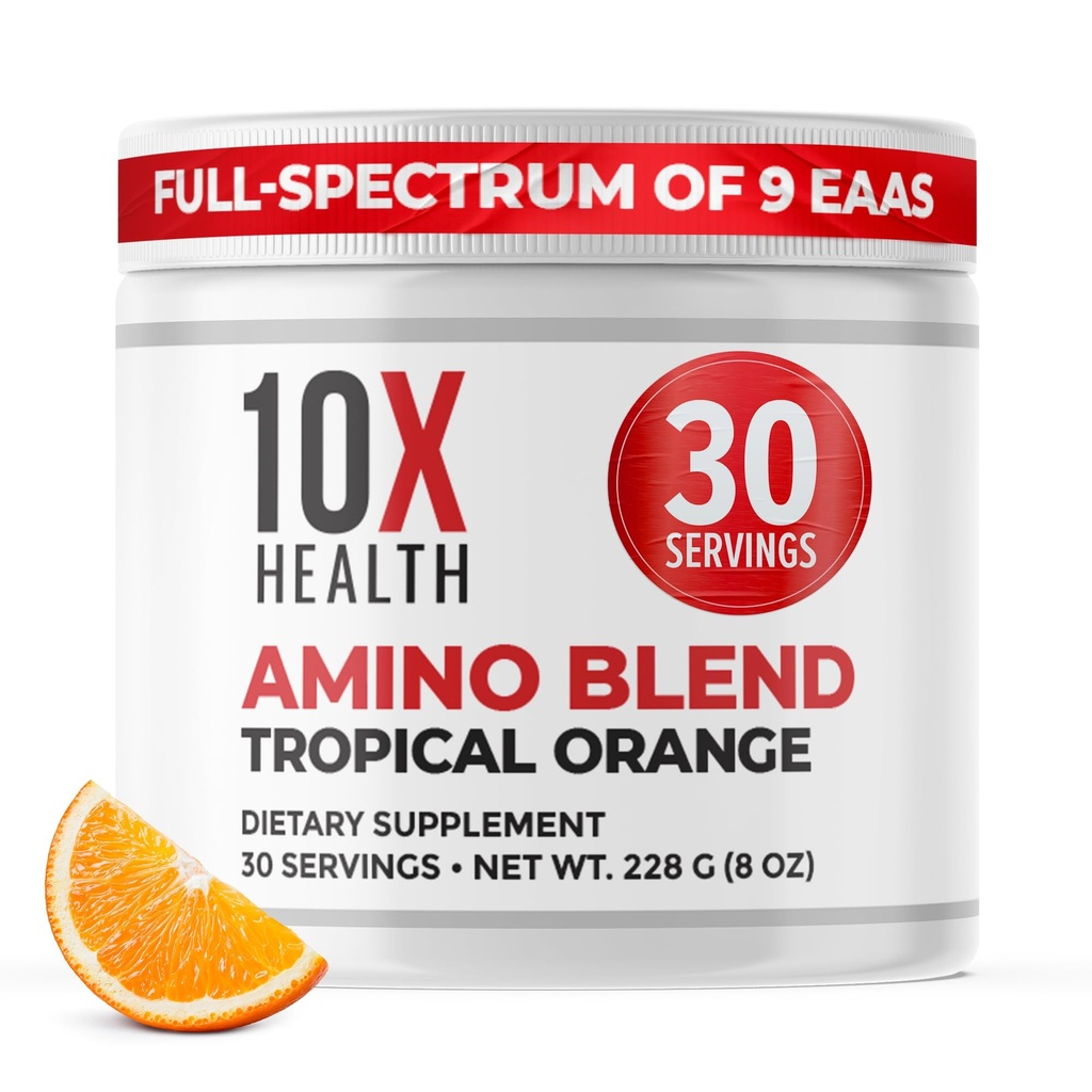 10X Health Aminokisline - 30 servmentov EAA & BCAA praška, Pre Worout BCAA z Essential Aminokisline dodatek - BCAA & EAA za dolgoživost, podpora mišic, moč, energija - Tropska pomaranča