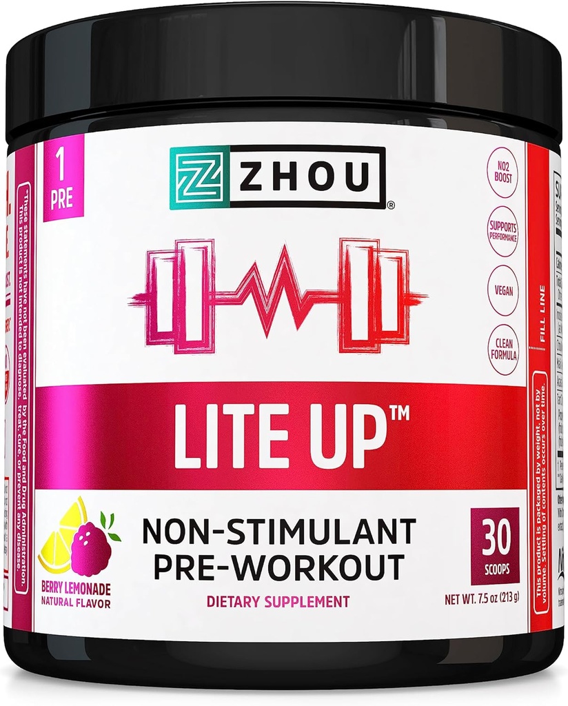 Zhou Lite Up - Non Stim Powder, dušikov oksid Stim Brezplačni dodatek za moške in ženske, Kofein Free Boost, Čista Formula - Berry Limonade Flavor, 7.5 oz Jar (30 Scoops)