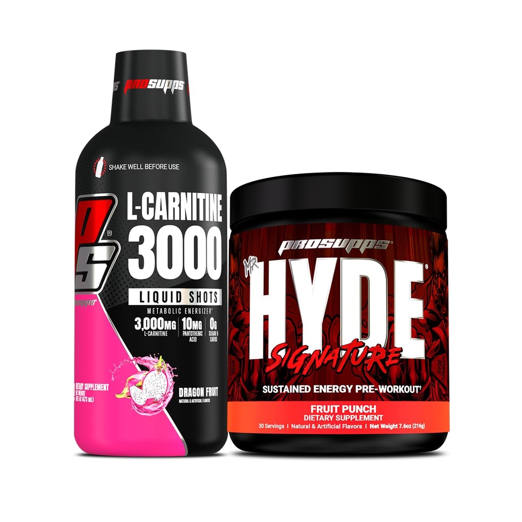 PROSUPPS L-Carnitine 3000 Stimulant Free Liquid Shots (Dragon Fruit) and Mr. Hyde Signature Series Pre-Workout Energy Powdered Drink (Fruit Punch) Bundle