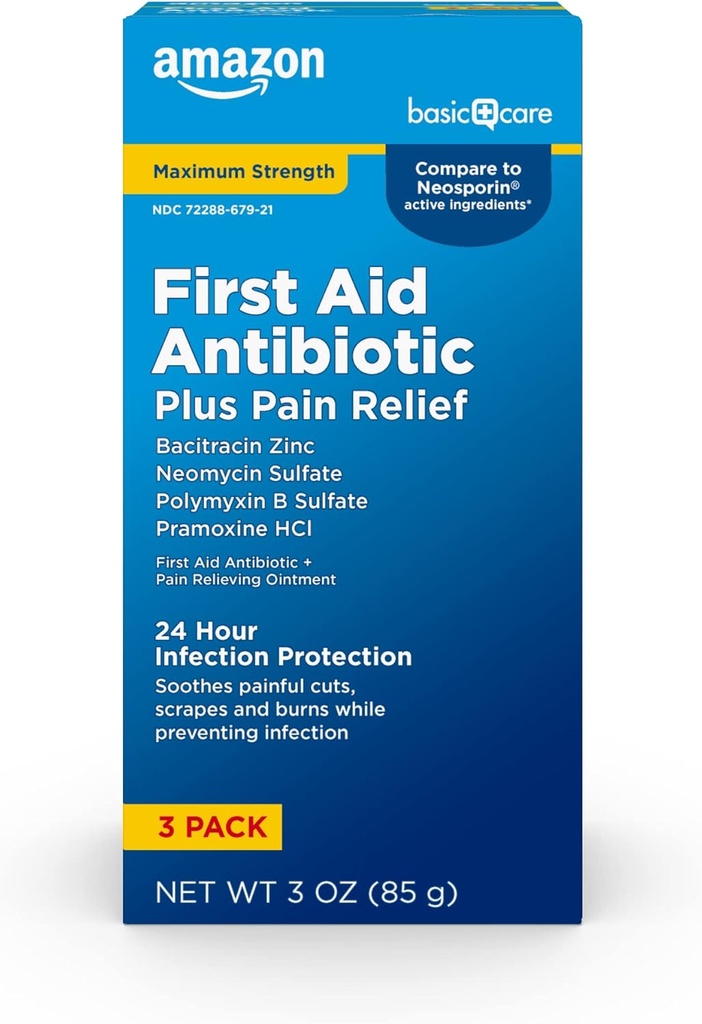 Osnovna nega največja moč prva pomoč Trojni antibiotični mazilo, lajšanje bolečine za manjše reze, luske in opekline, 3 unča (Pack of 1)