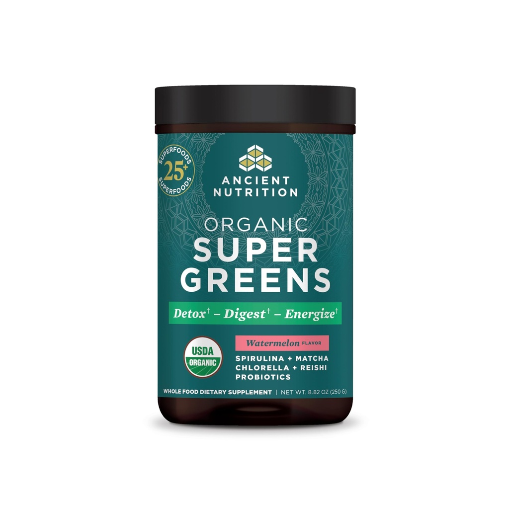 Ancient Nutrition SuperGreens Powder z probiotiki, Organske lubenice arome zeleni, Izdelan iz pravega sadja, Zelenjava in zelišča, za digestivno in energetsko podporo, 25 Serving, 8.82oz