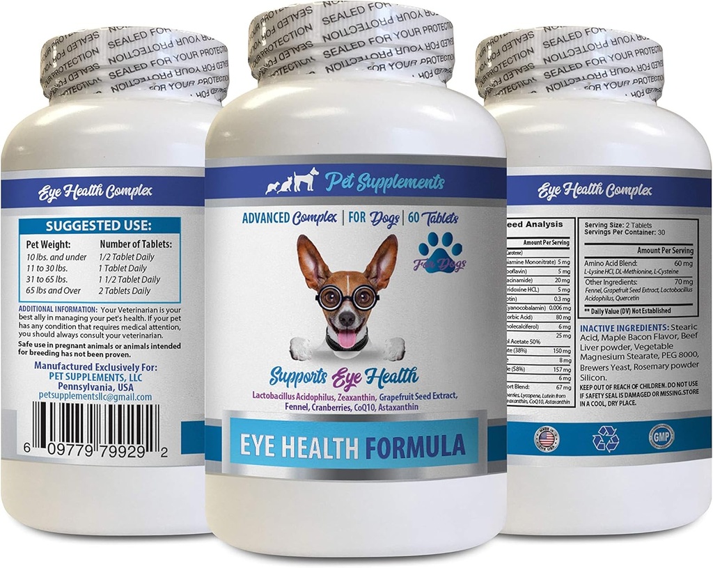 Psi Eye Vitamini - Psi Eye Health Formula - Napredno očesni podporni kompleks - VETS Priporočeno - Pes Lutein - 1 steklenica (60 tablet)