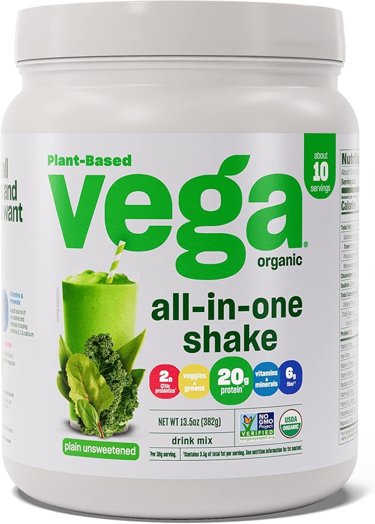 Vega Organic All-in-One Vegan Protein Powder, Plain Nesladkan - Superfood Sestavine, Vitamini za Immuniteto Podpora, Keto prijazno, Pea Beljakovine za ženske in moške, 13.5 oz (Packaging May Vary)
