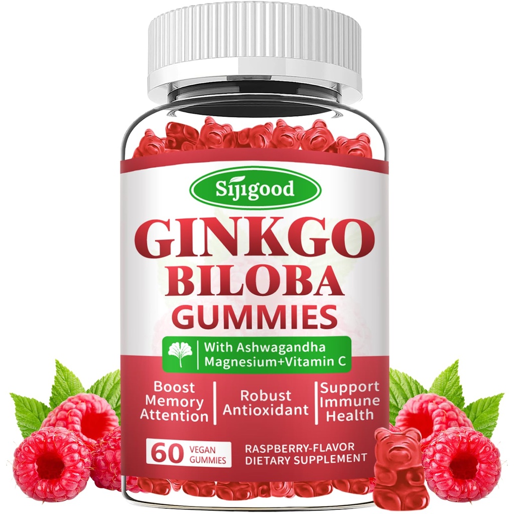 Ginkgo Biloba Gummies z Panax Ginseng in magnezij, Ginkgo Biloba dopolnila za fokus, Spomin, in zdravje možganov za odrasle in otroke, Vegan Raspberry Flavor Gummies, 60 Count