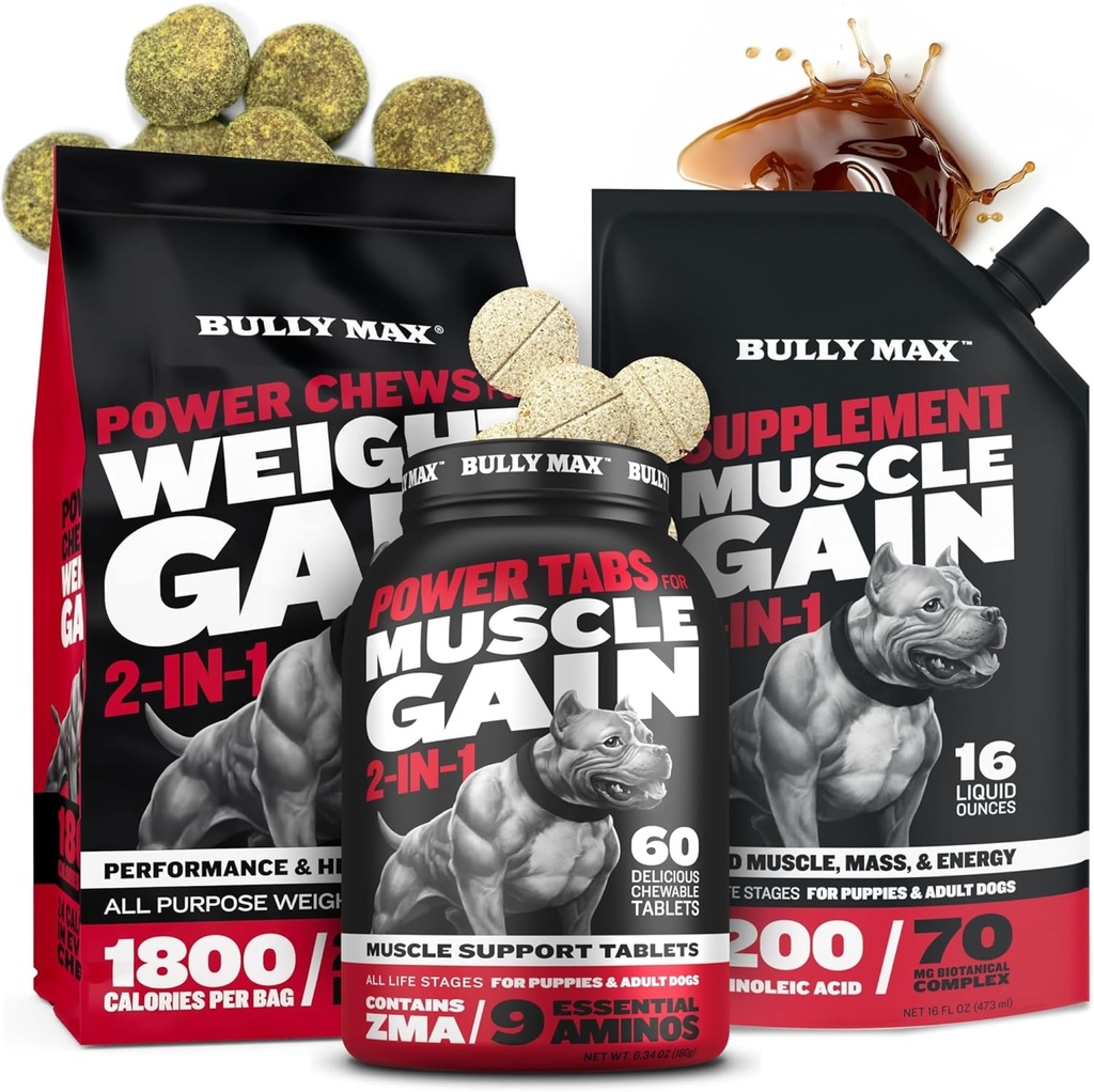 Bully Max Dog Hujšanje žveči (75pc žveči) & Muscle Builder Tablets (60 tablet) & 3-in-1 Liquid Muscle Builder dopolnilo Bundele ali kužki & odrasli, Vse pasme – Zdrava rast in vitalnost Podpora