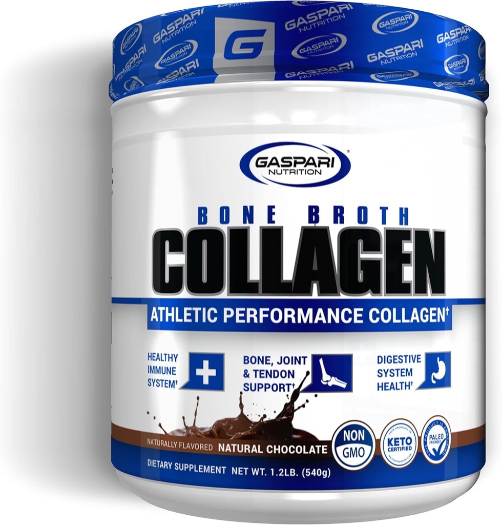 Gaspari Nutrition Bone Broth, Athletic Performance Collagen, 13g Protein, Gluten Free, Non-GMO, Keto Certified, Gut in Joint Health (30 Serving, naravna čokolada)