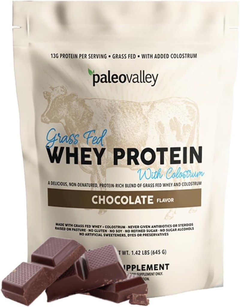 Paleovalley 100% Grassfed Whey Protein Powder s kolostrumom, 13g proteini, čokolada, Muscle Building, Imunska podpora, Gut Health