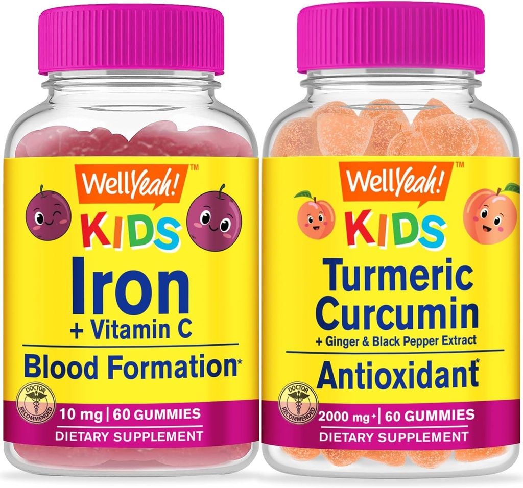 WellYear Iron + Vitamin C Otroci + Kurkumin Curcumin Otroci, Gummies Bundle - odličen okus, Vitamin dopolnilo, Gluten brezplačno, GSO brezplačno, Žvečljivi Gummy