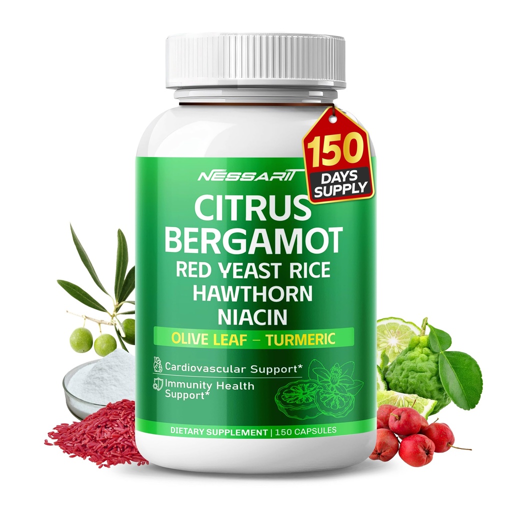 Citrus Bergamot dodatek - 15-v-1 naravna mešanica z rdečim rižem Hawthorn Olive Leaf Odorless Česen Kurvič Ginger Fenugreek - 150 Count - Made & Tested v ZDA