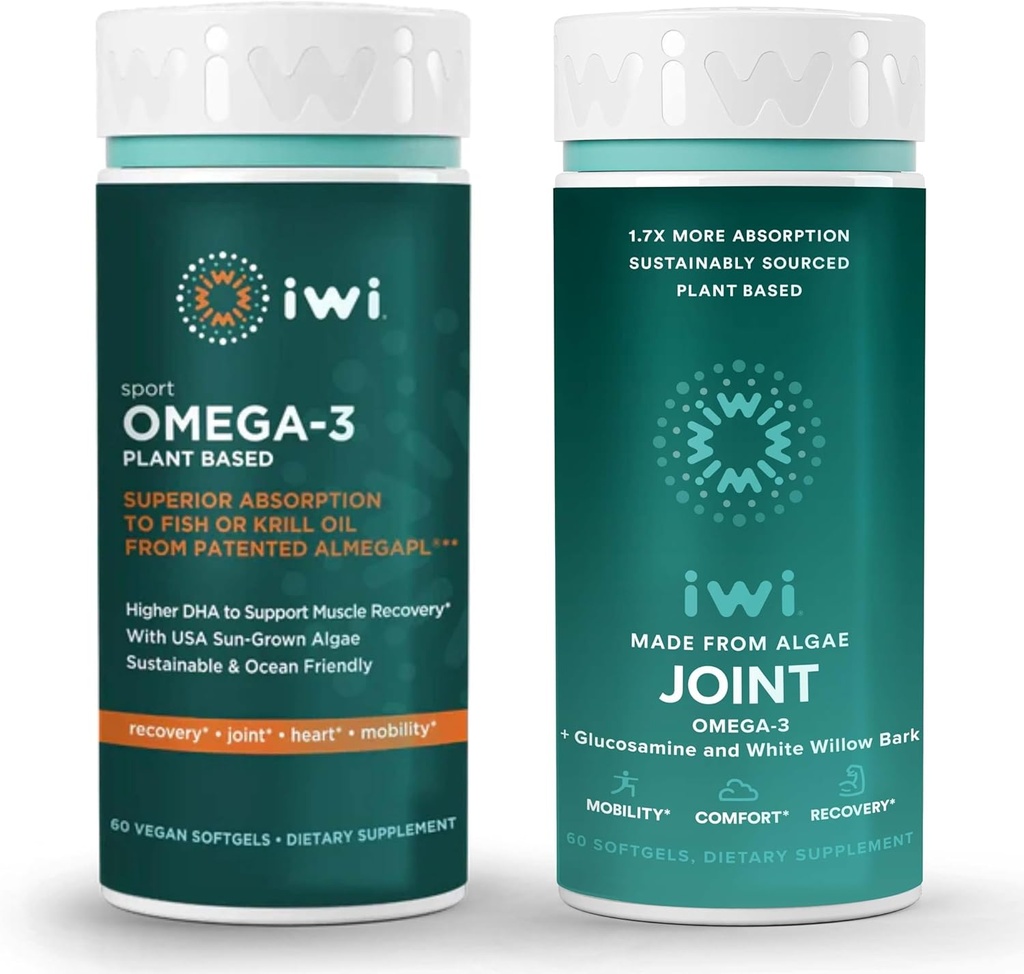 iwi Omega-3 Sport & Joint Omega-3 Bundle, 30 Servings, Vegan rastlin na osnovi Algae Omega 3, Krill & Fish Oil Alternative, Brez ribjega pookusa