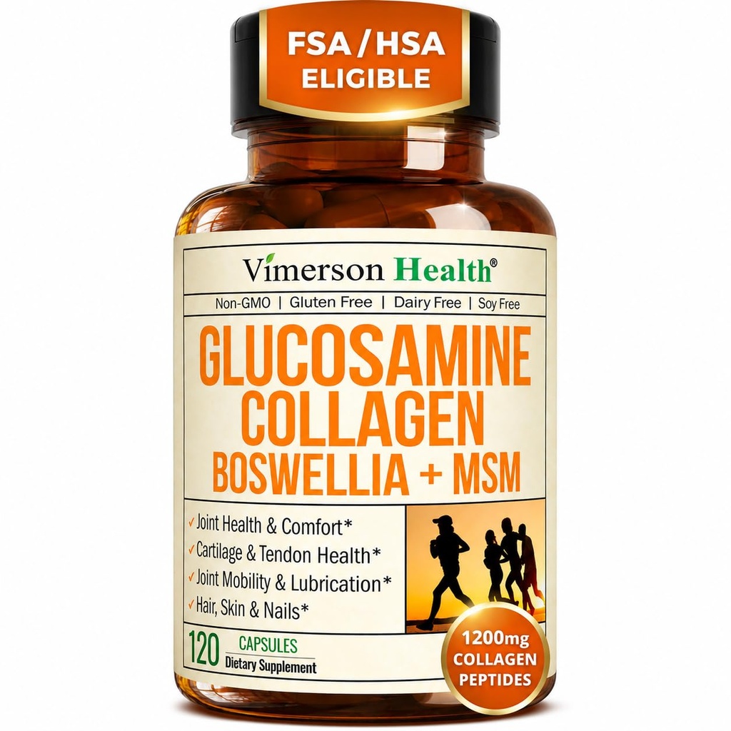 Glukozamin Chondroitin MSM s hidroliziranimi kolagen peptidi - dodatek za skupno podporo s Quercetin, Bromelain & Boswellia Extract - Kolagen tablete za lase kože nohti - FSA upravičen 120 Caps