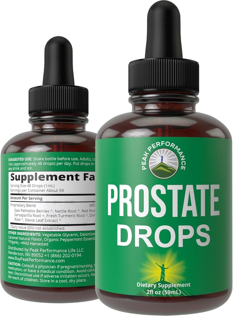 Pomoč prostate za zdravje moških. Vegan Kosher Prostata Tekoče kapljice z organsko žago Palmetto, Nettle, Kurkuma, Peppermint, Wild Sarsaparilla + Rdeča korenina