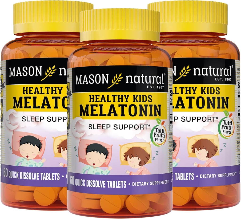 MASON naravni zdravi otroci melatonin, za otroke, podpira zdravo spanje, hitro igranje, sadje aromatizirano, 60 hitro raztopi tablete (paket 3)