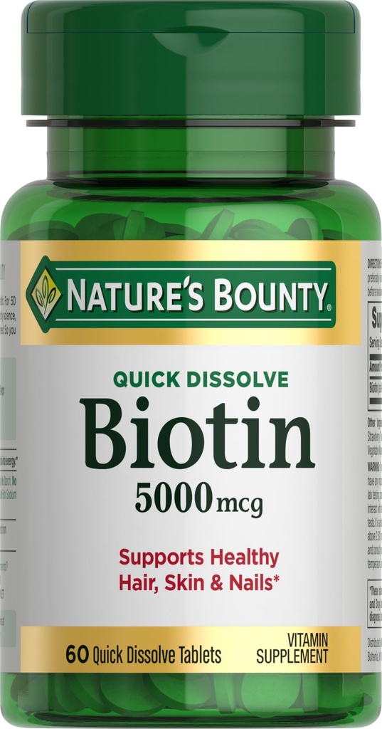 Naravni Bounty Biotin, podpira presnovo za celično energijo in zdrave lase, kožo in nohte, 5000 mcg, 60 Hitre raztapljajoče tablete