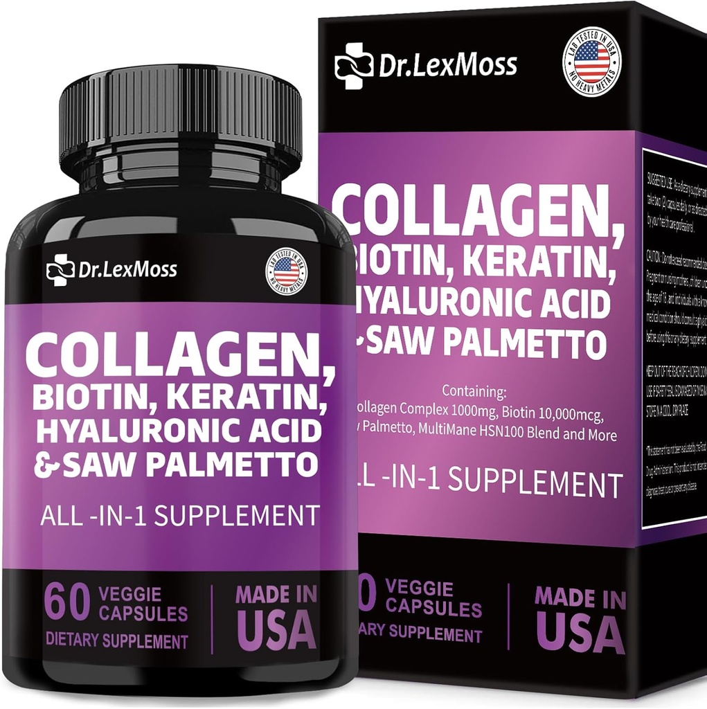 Kolagen tablete Biotin Keratin žaga Palmetto Hyaluronična kislina, vitamini in DHT, vitamin E Folna kislina Bučna semena MSM za moške in ženske las kože in nohte, 60 kapsul