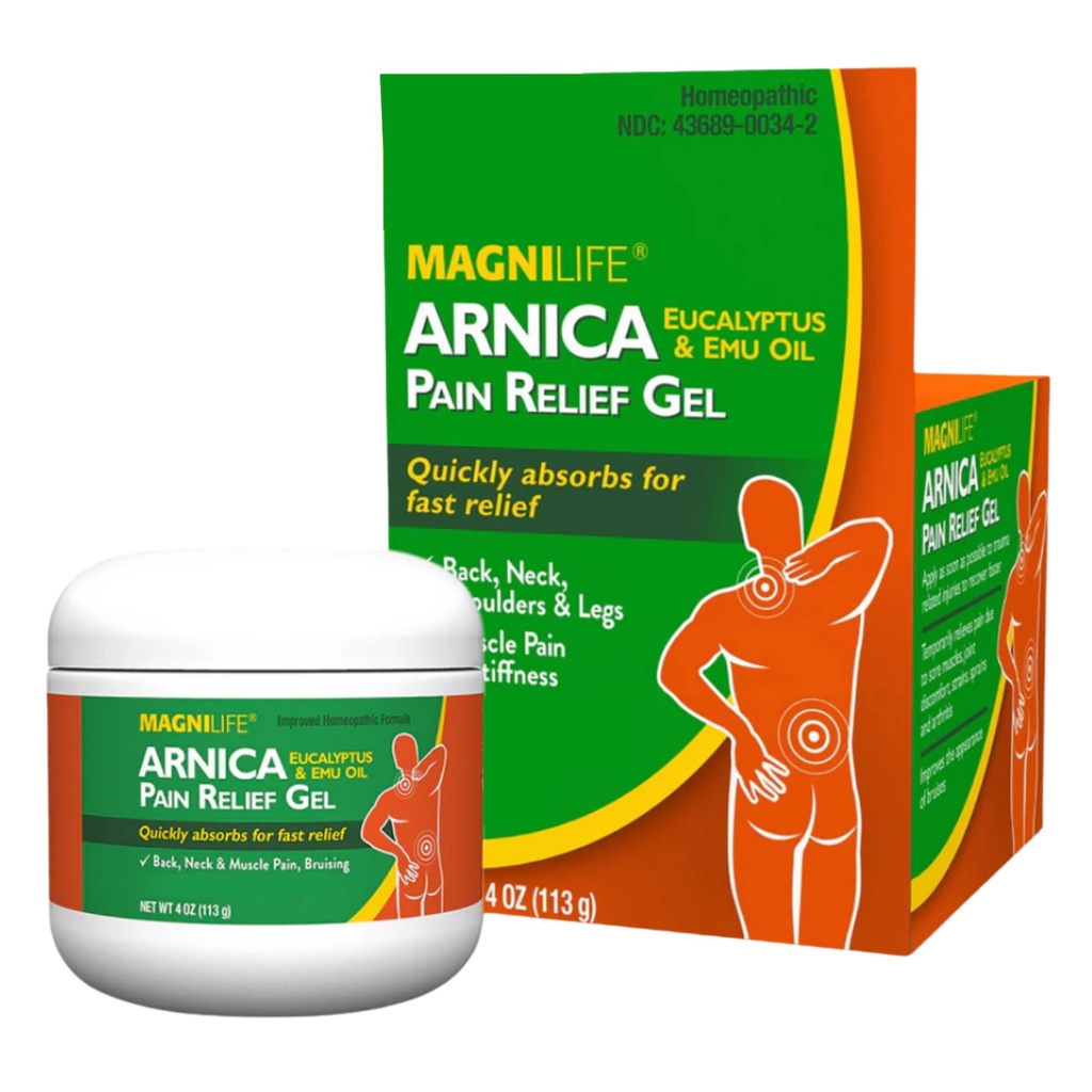 MagniLife Arnica Pain Relief Gel, hitro delujoč vrat in bolečine v hrbtu Relief, z Eucalyptus in Emu olje, da pomirijo bolečine, vnetje in nelagodje - 4oz