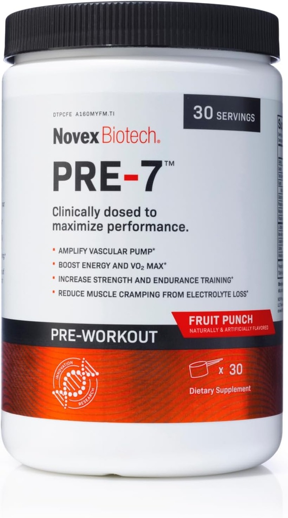 Novex Biotech PRE-7 Predworkout prašek za moške - povečanje energije, fokus, in VO2 max, Podpora Hidracija med podaljšano vadbo*, sadni Punch