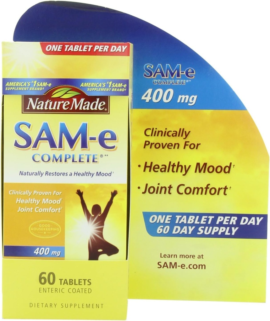 Narava Made SAM-e Popolno 400 mg. Tableta (Pomoč podpira zdravo razpoloženje in skupno udobje) Vrednost Velikost 60 ct