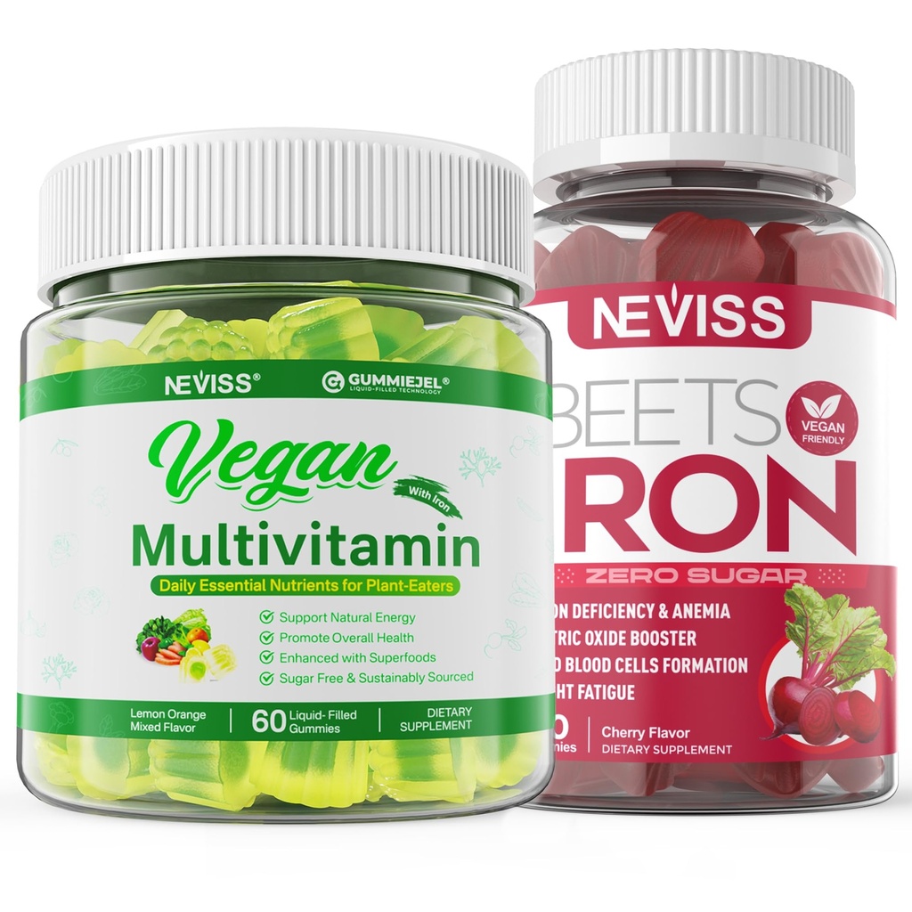 Veganske železne žvečilke z veganskim multivitaminom za ženske z železom, vitamin B12, A, D3, K2, Algae Omega 3, magnezij, cink