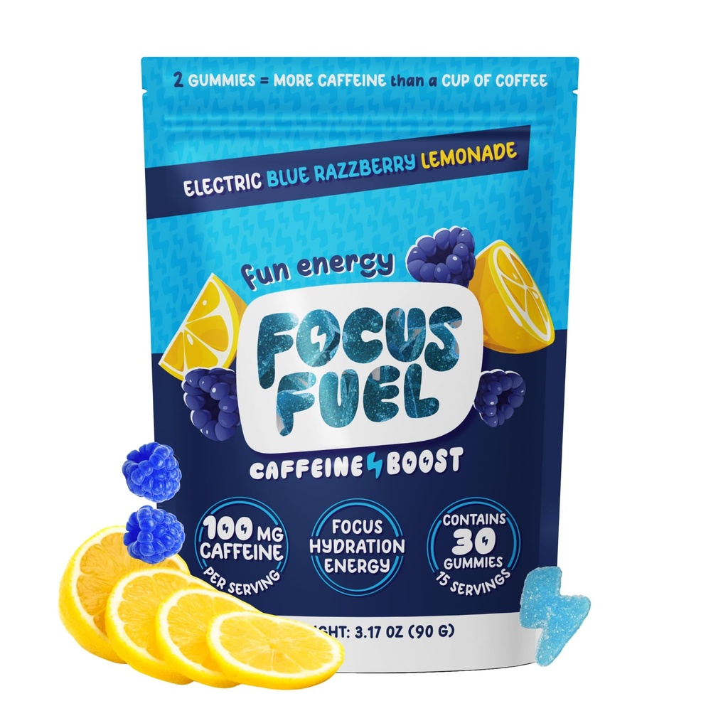 FocusFuel Energy Chews – Modra Razzberry Lemonade (15 Servings) – 100mg Kofein + Alpha GPC + L-teanin + B12, Magnezij – odličen okus – brez Crash ali Jitters