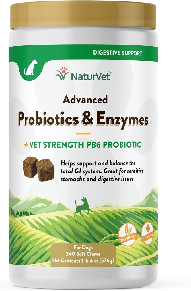 NaturVet Advanced Probiotics & Enzymes, PB6 Dog Soft Chews za pomoč Občutljive želodčne in prebavne težave, Hickory dimljeno Bacon Okusni hišni dodatek za pse v 6 tednih, 240 Count Jar