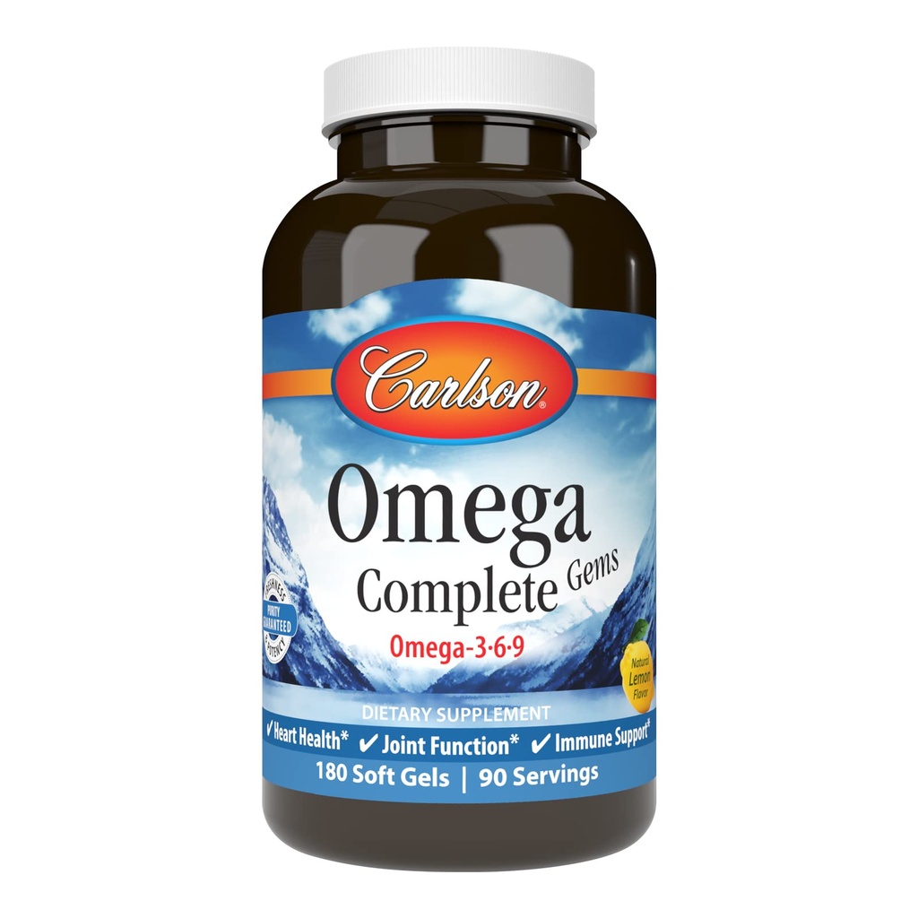 Carlson - Omega Complete Gems, Omega-3-6-9, Divji ujet, trajno izvorno, zdravje srca, skupno delovanje in imunske podpore, 180 Softgels